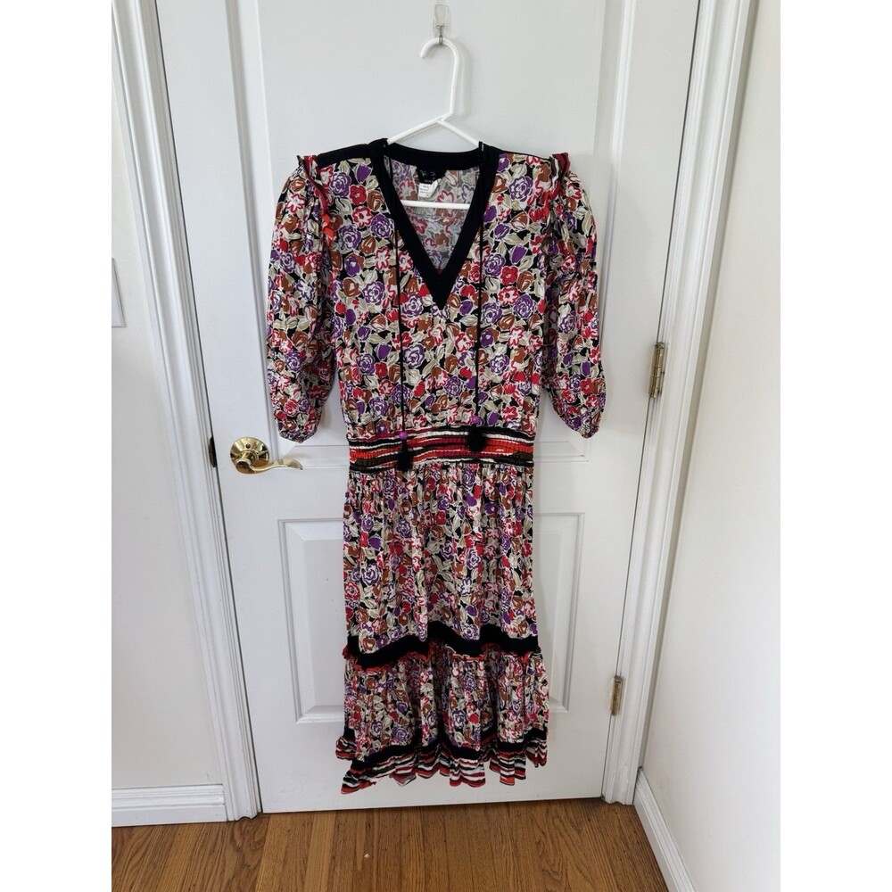 Diane Freis Bohemian Cotton Floral Ruffled Tiered Midi Dress